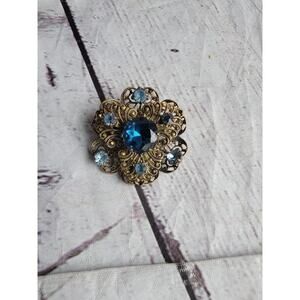 Vintage Czechoslovakia Brooch Faceted Blue Green Rhinestones Brass Filigree